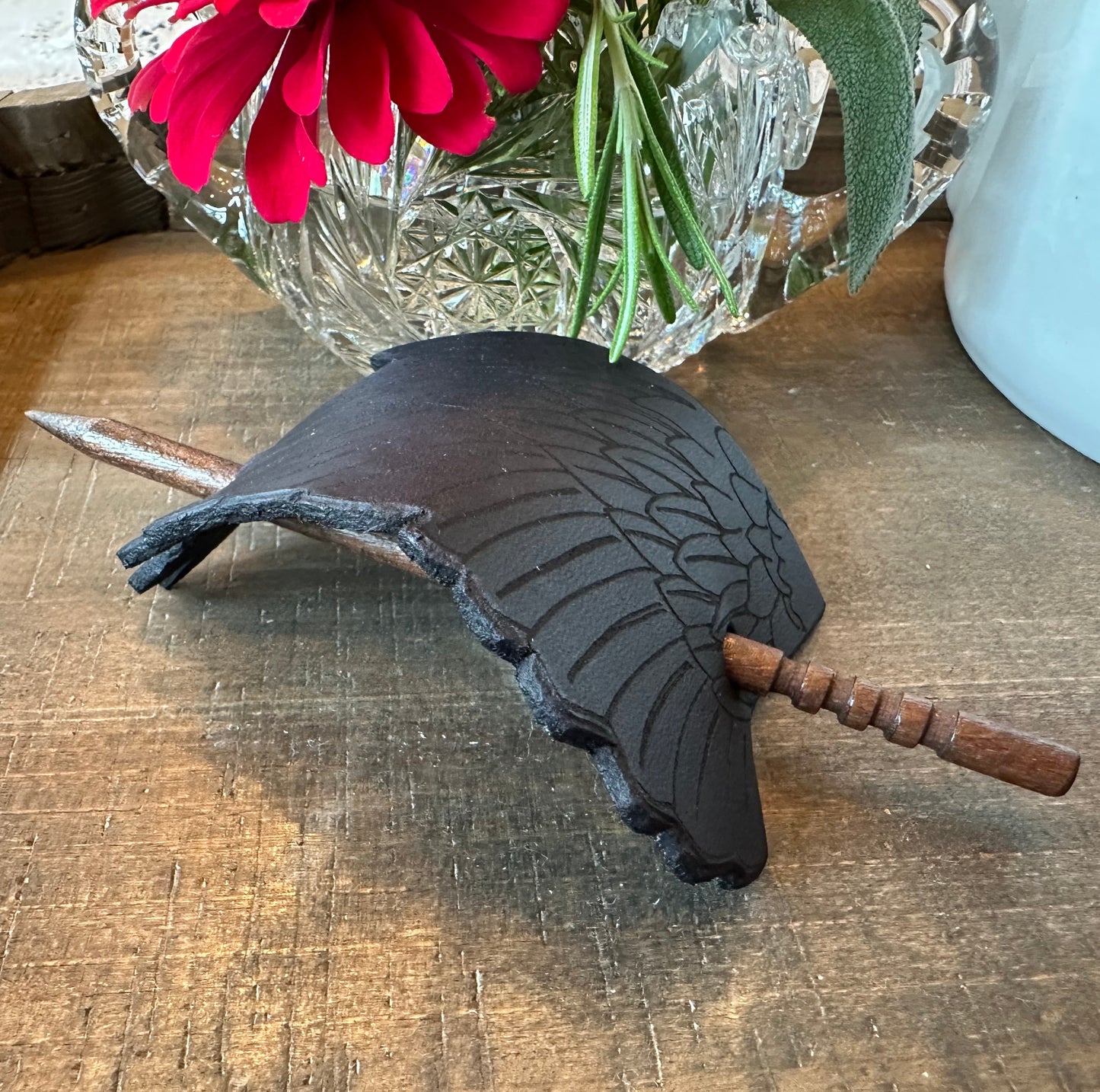 Black Raven Wing Leather Hair Slide for Women