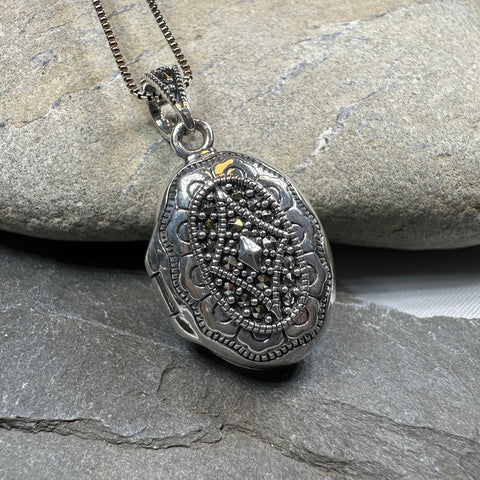 Load image into Gallery viewer, Florent Classic Oval Marcasite Locket Necklace
