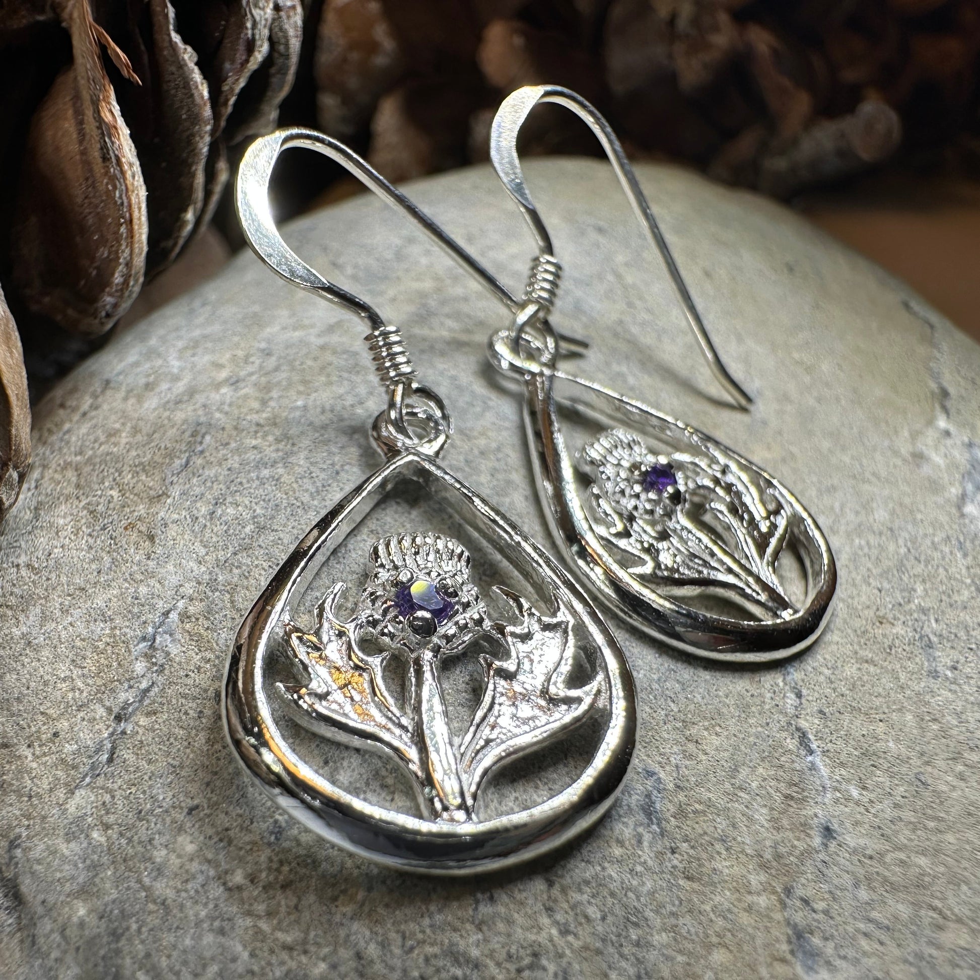 Teardrop Scottish Thistle Amethyst Earrings - Perfect Gift — view 11