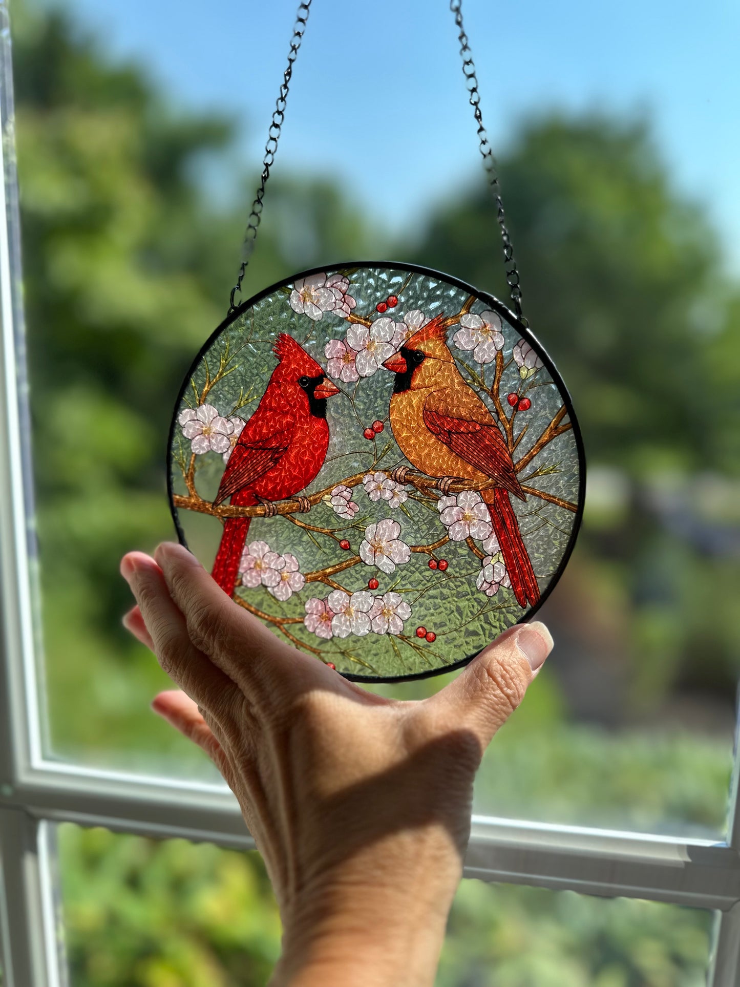 Cherry Blossom Cardinal Couple Suncatcher