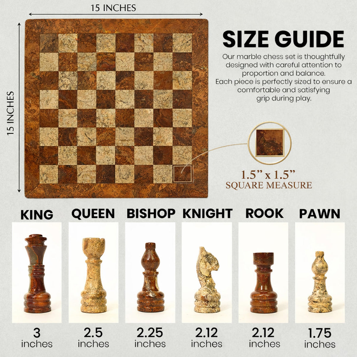 Brown and Coral Marble Chess Set 15 inches | Premium Handcrafted Natural Stone