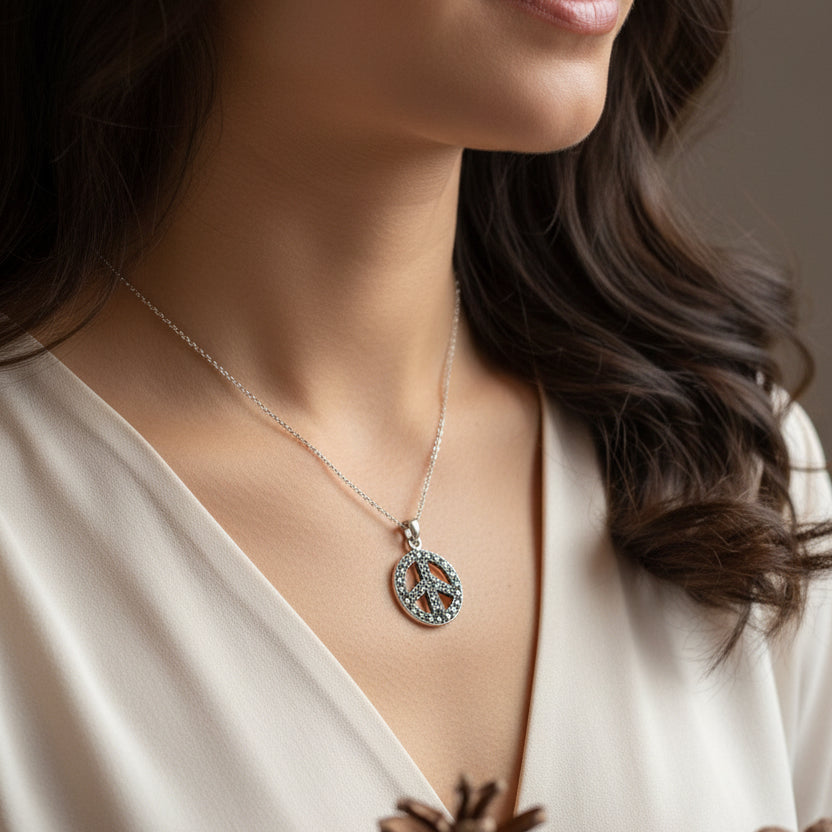 Marcasite Peace Sign Necklace in Sterling Silver