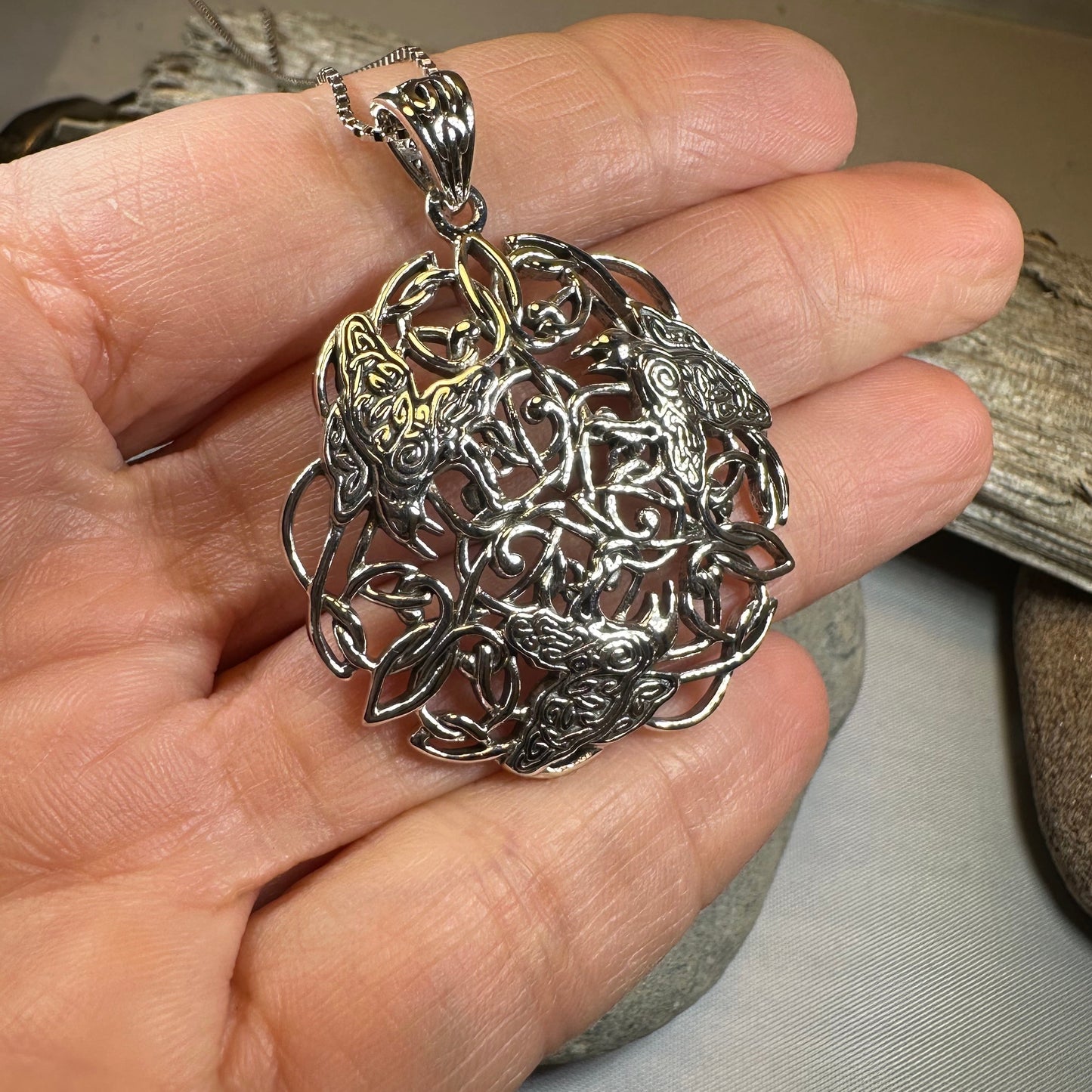 Pictish Triple Celtic Raven Necklace in Sterling Silver