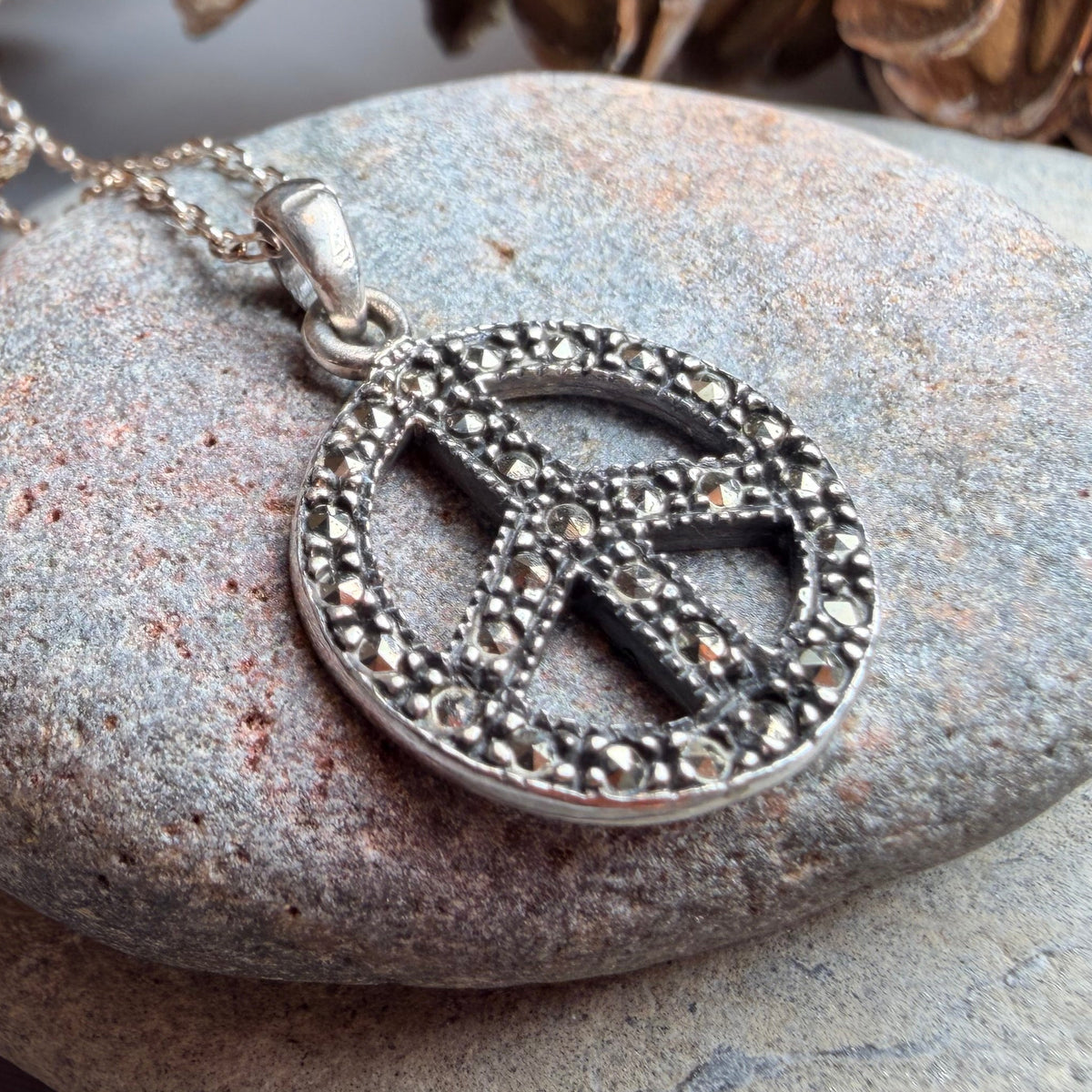 Marcasite Peace Sign Necklace in Sterling Silver