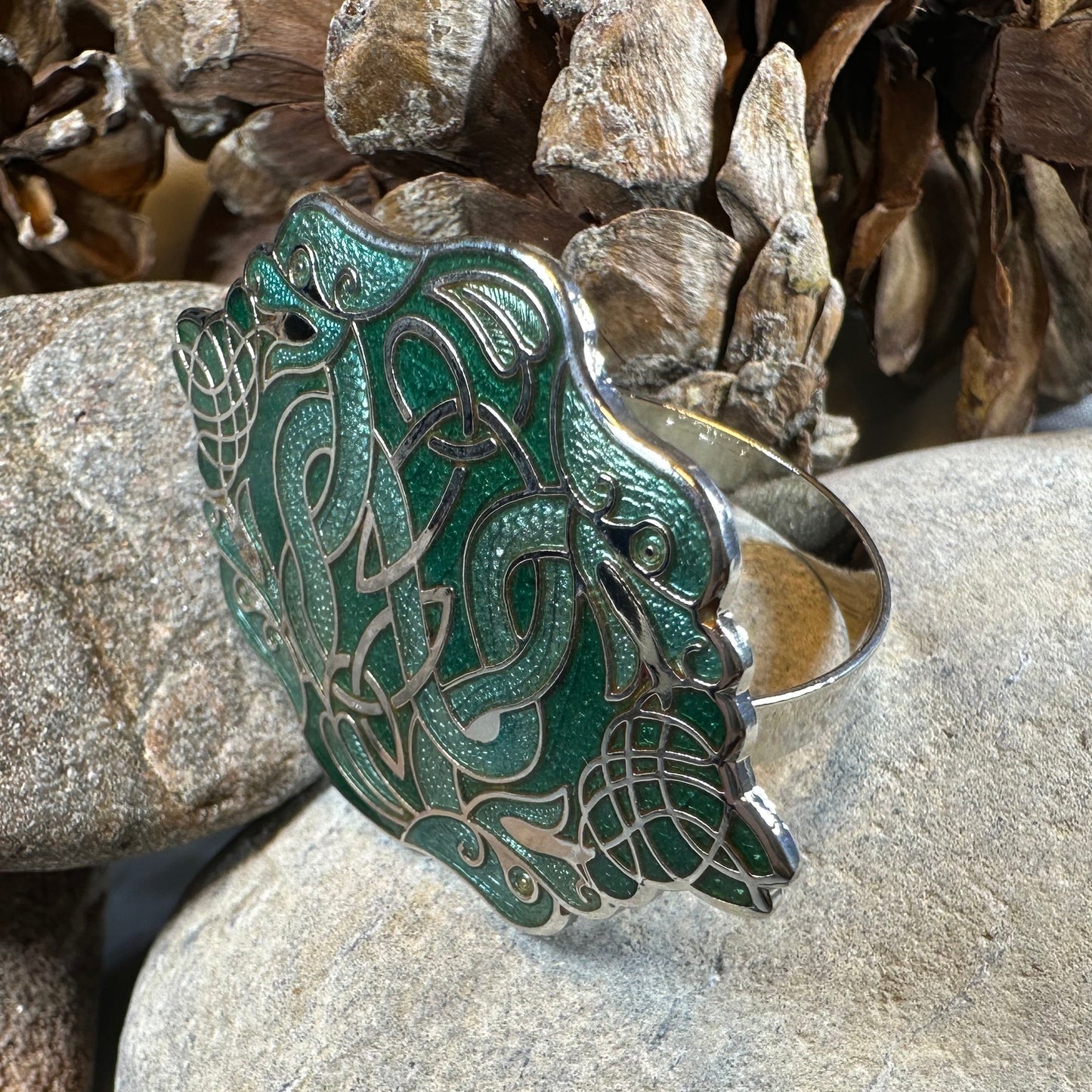 Enamel Celtic Green Dragons Scarf Ring