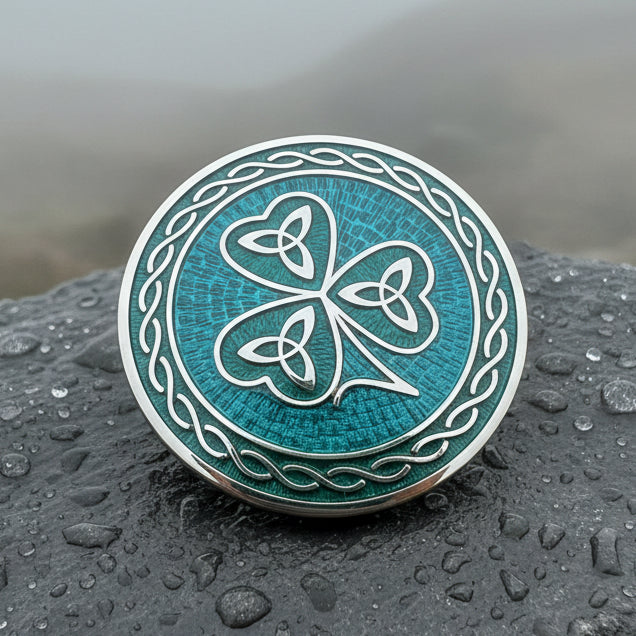 Enamel Celtic Shamrock Brooch with Trinity Knots