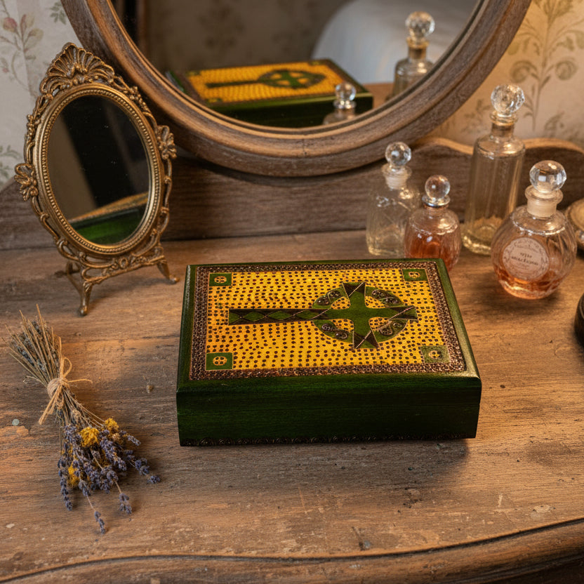 Green Celtic Cross Keepsake Box - Handmade Wooden Box