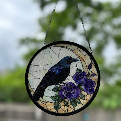Load image into Gallery viewer, Purple Roses Moon Raven Suncatcher

