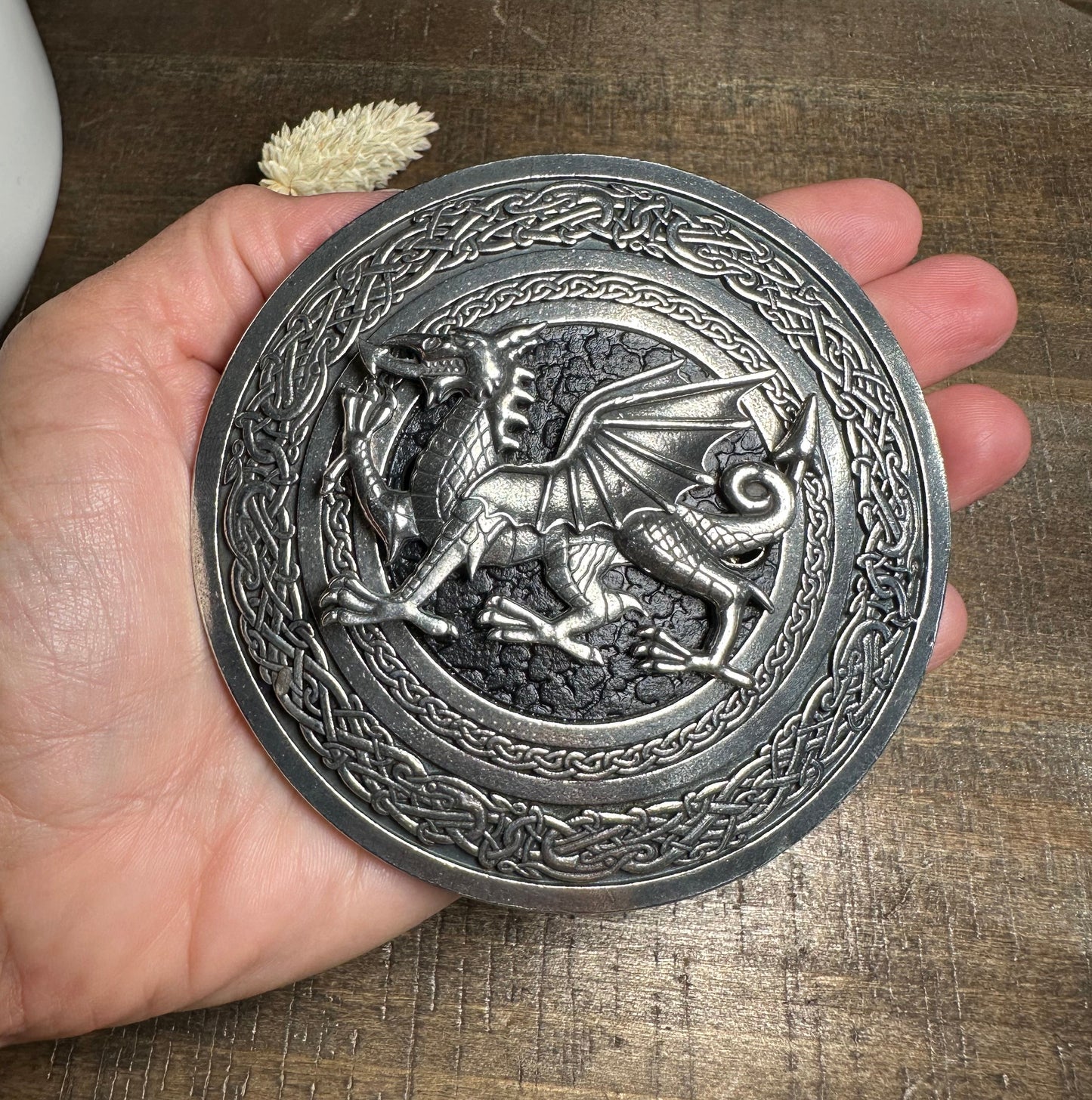 Round Celtic Welsh Dragon Kilt Belt Buckle - Handmade in Scotland