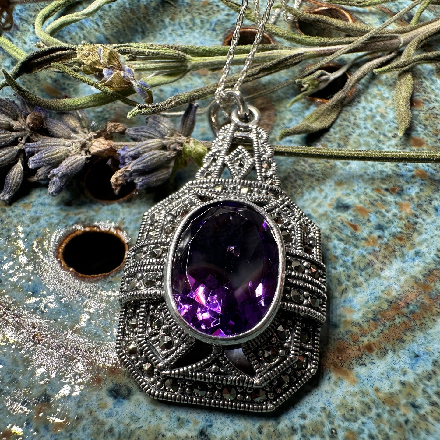Victorian Marcasite Necklace with Amethyst