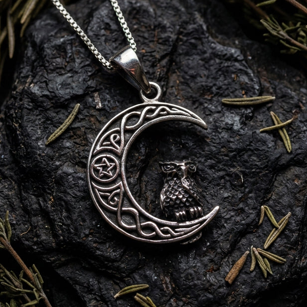 Eagna Mystical Owl Moon Necklace in Sterling Silver