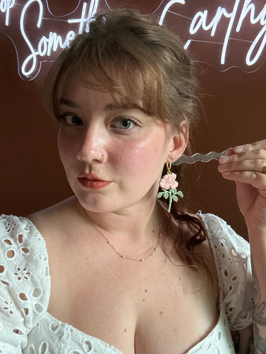 Long Stem Pink Roses Dangle Earrings for Women
