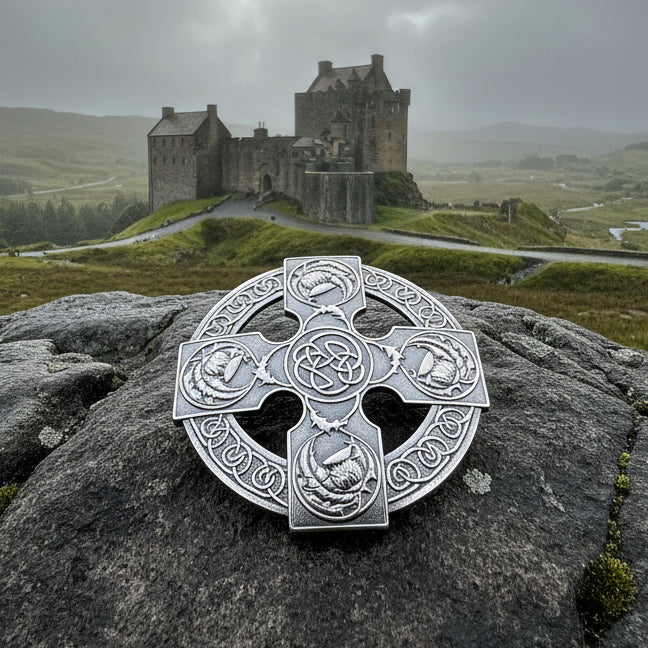 Scottish Thistle Cross Plaid Pin - Handmade in Scotland
