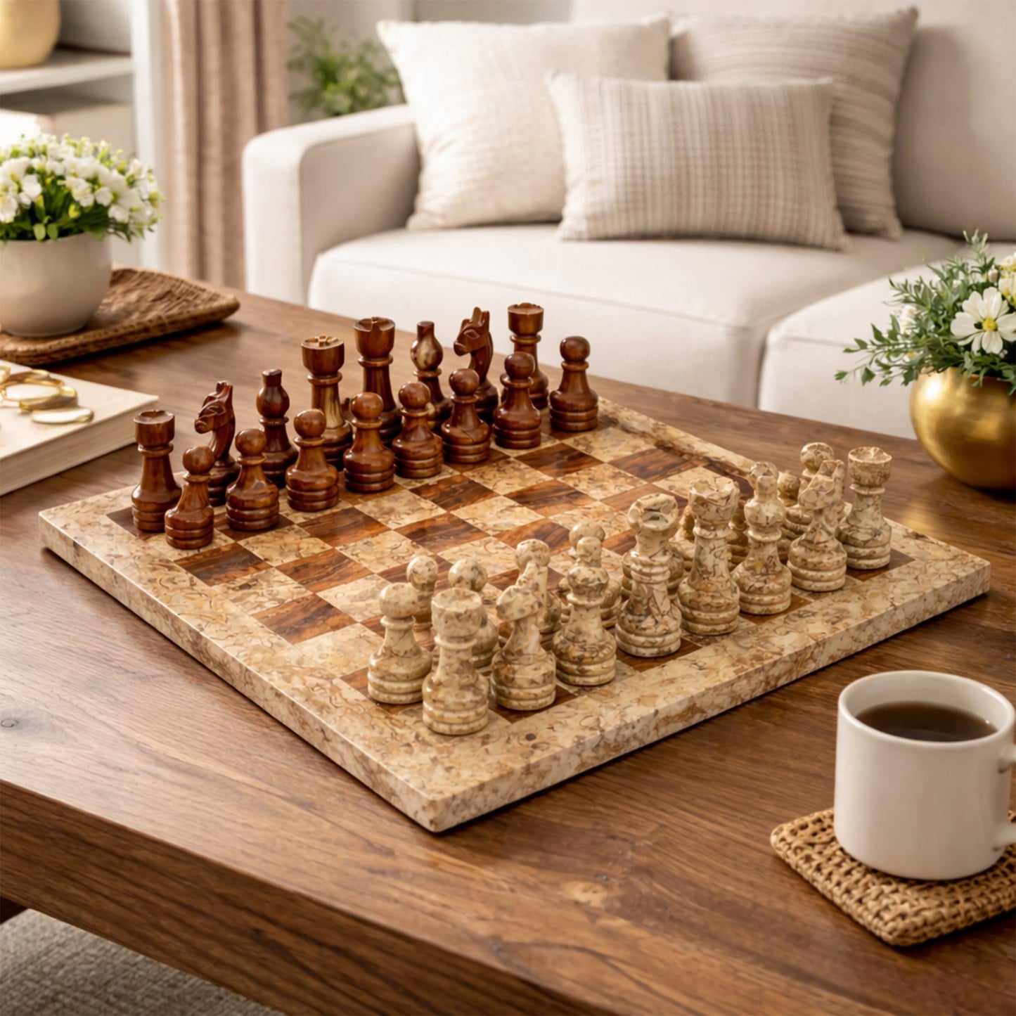 Coral Brown Marble Chess Set 12 Inches - Premium Handcrafted