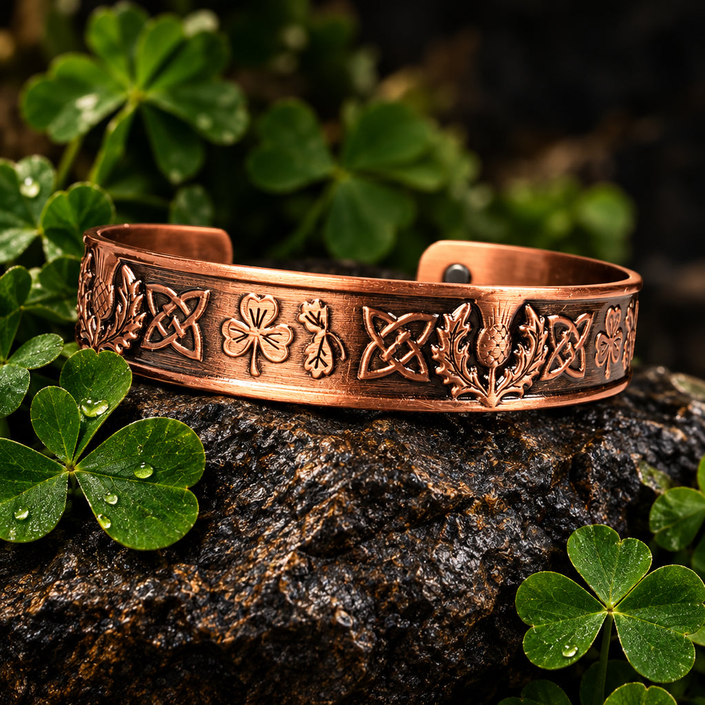 A copper-colored metal cuff bracelet with embossed Celtic knotwork and floral motifs, displayed on a stone with pinecones in the background.