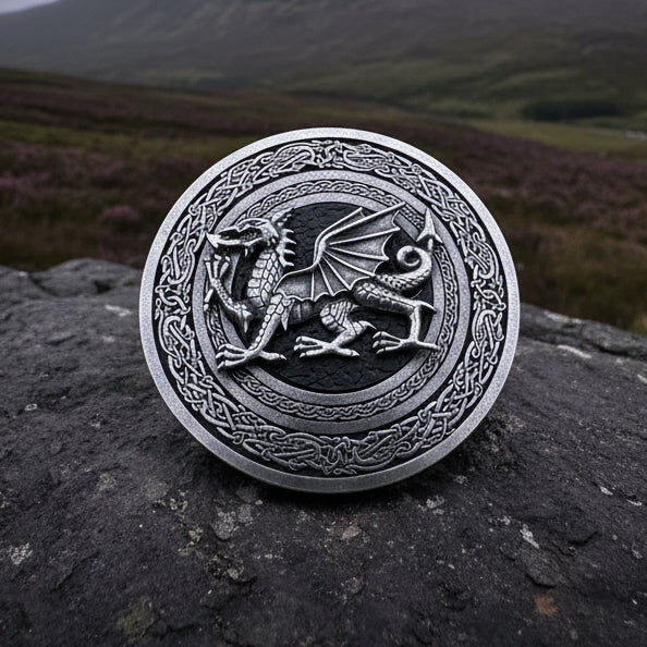 Round Celtic Welsh Dragon Kilt Belt Buckle - Handmade in Scotland