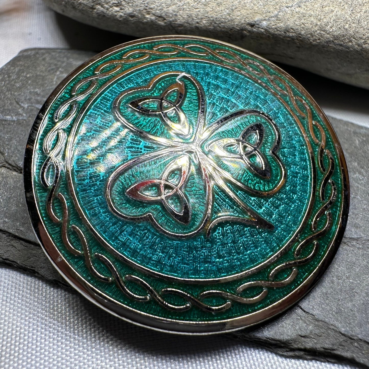 Enamel Celtic Shamrock Brooch with Trinity Knots — view 5