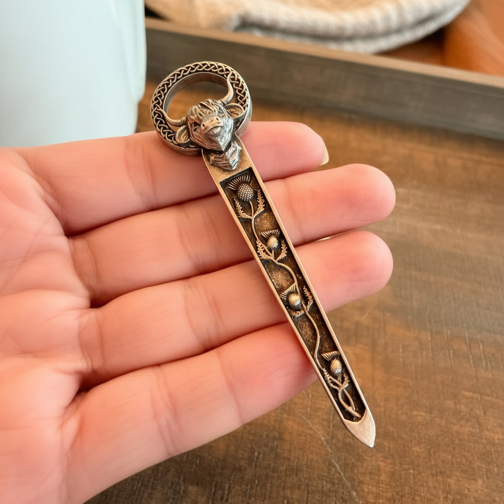 Celtic Highland Cow Thistle Kilt Pin - Handmade in Scotland