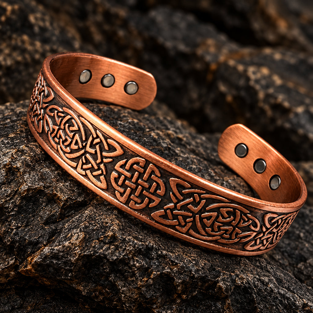A copper-toned cuff bracelet with engraved Celtic knot patterns, displayed on smooth gray stones with pinecones against a light gray background.