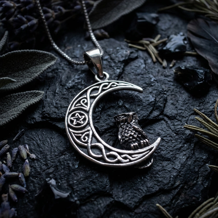 Eagna Mystical Owl Moon Necklace in Sterling Silver