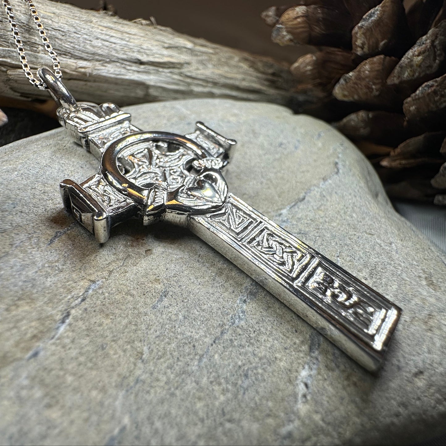Large Artisan Irish Claddagh Cross Necklace - Made in Ireland