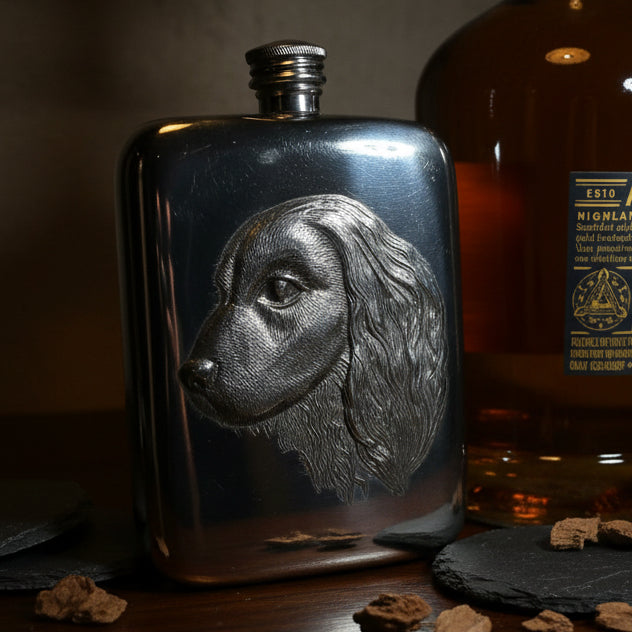 Faithful Friend Spaniel Pewter Hip Flask - Handmade in England