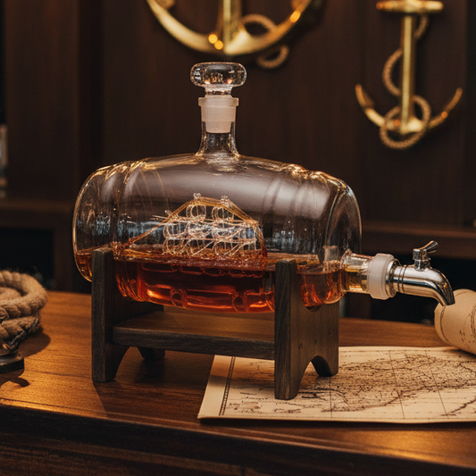 Whiskey Barrel Decanter With Old Time Ship Premium Barware Gift