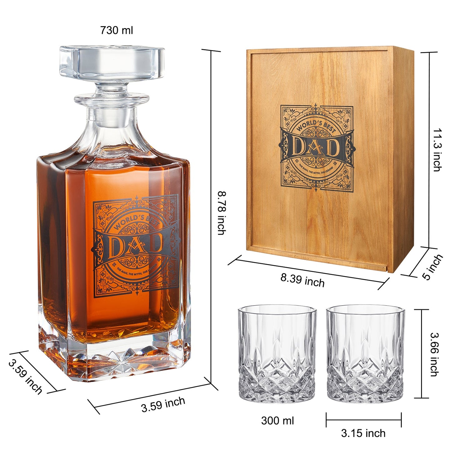 Dad Whiskey Decanter Gift Set with 2 Whiskey Glass