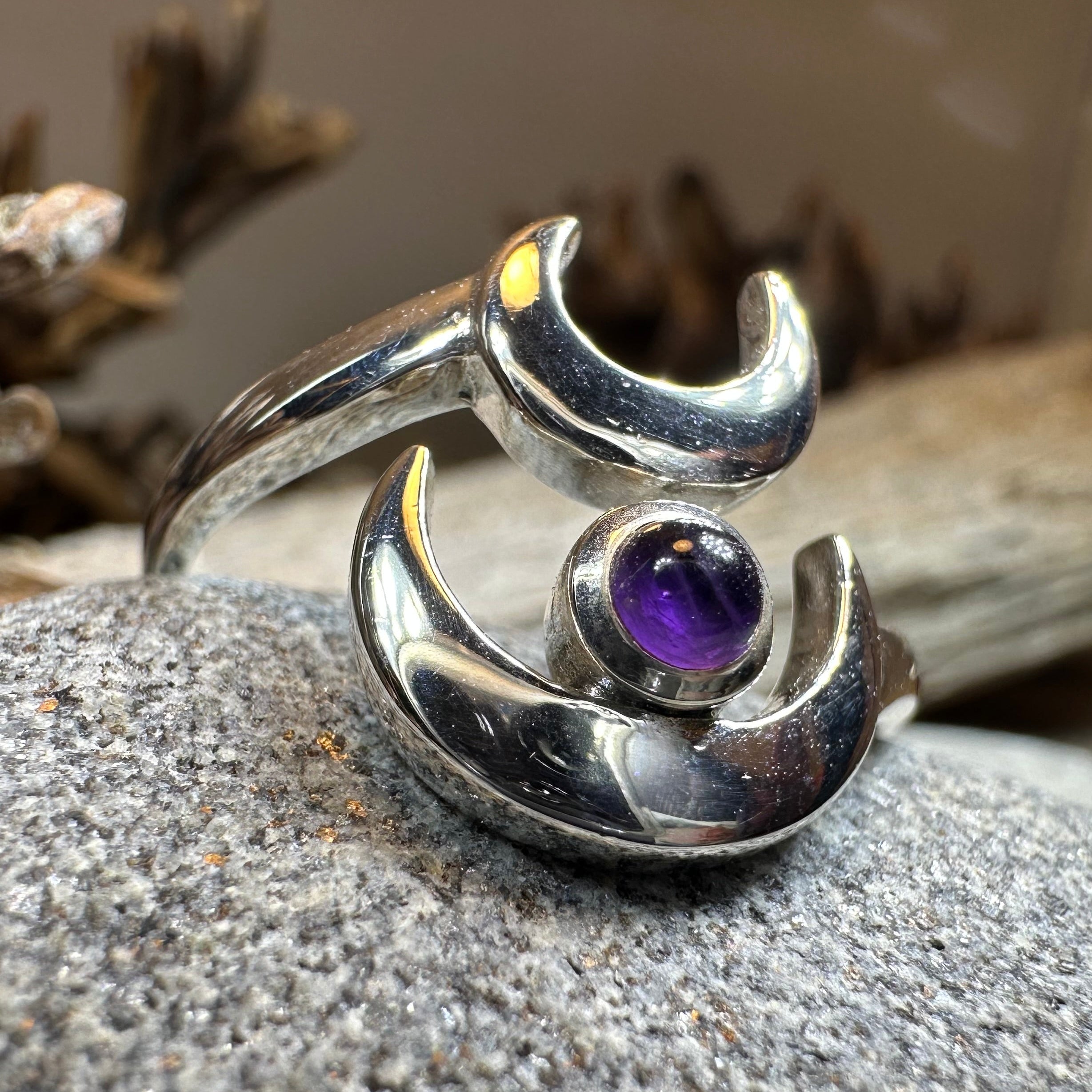 Double Crescent Moon Ring in Sterling Silver – Celtic Crystal