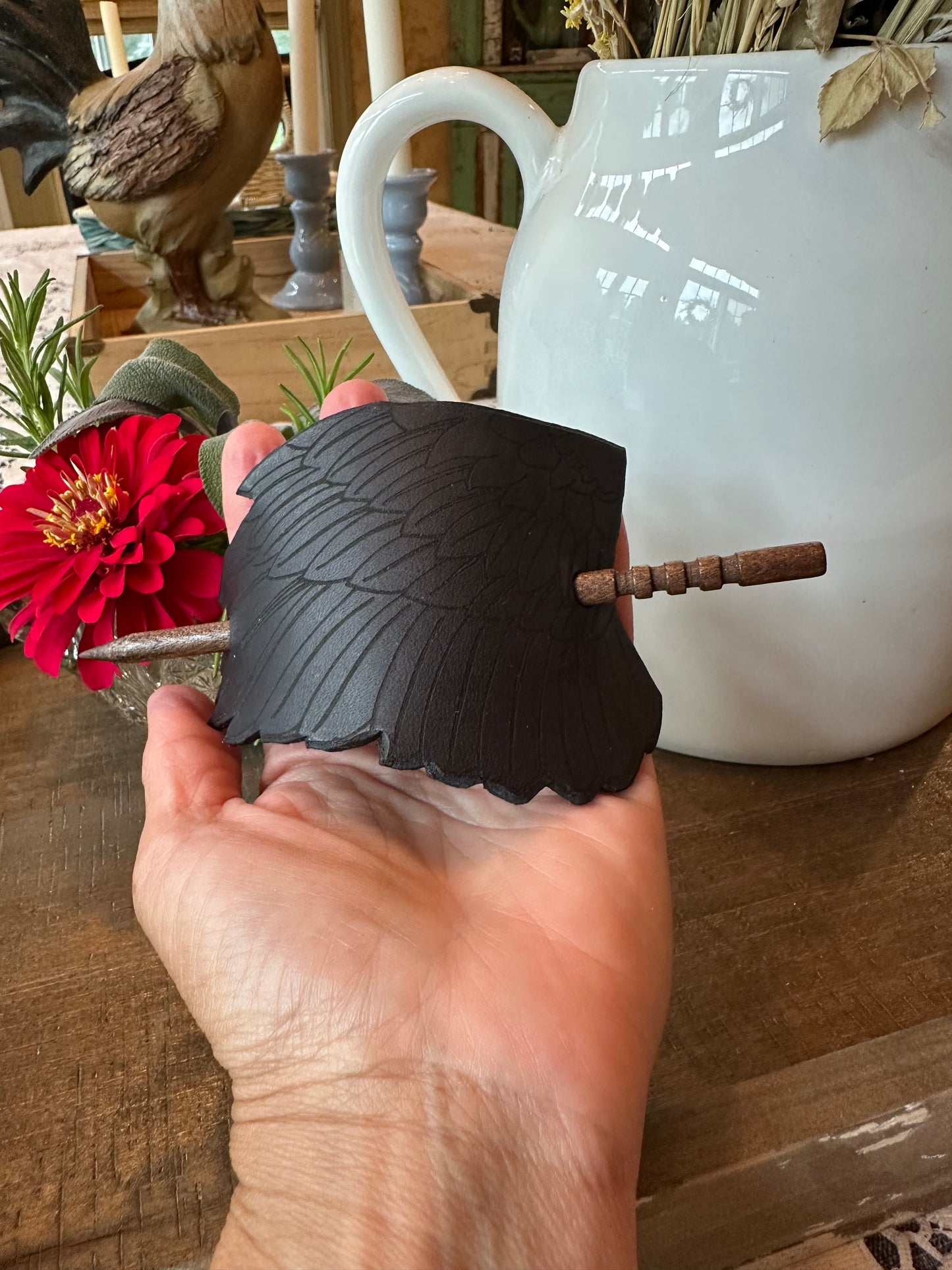 Black Raven Wing Leather Hair Slide for Women
