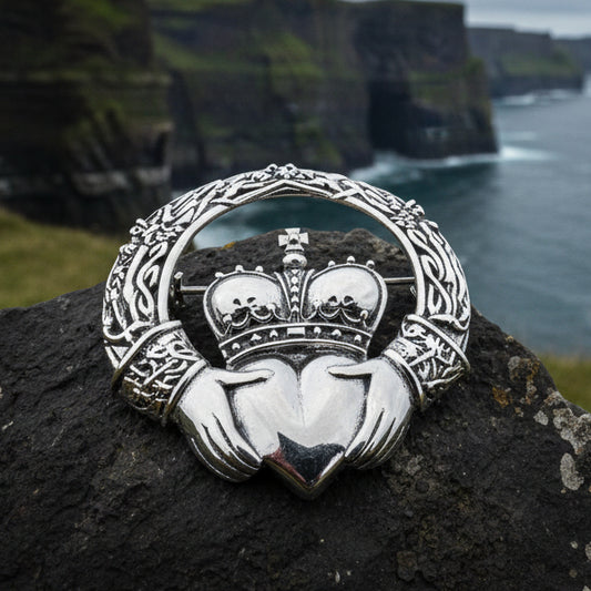 Victorian Irish Claddagh Brooch in Sterling Silver