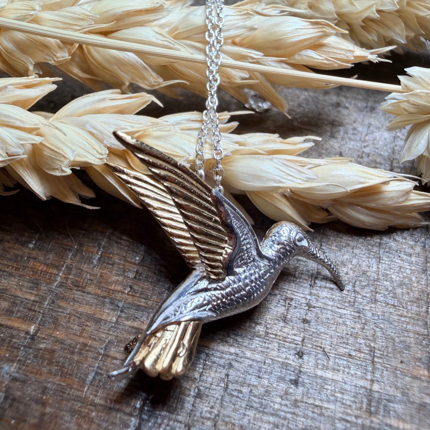Golden Wing Hummingbird Necklace in Sterling Silver