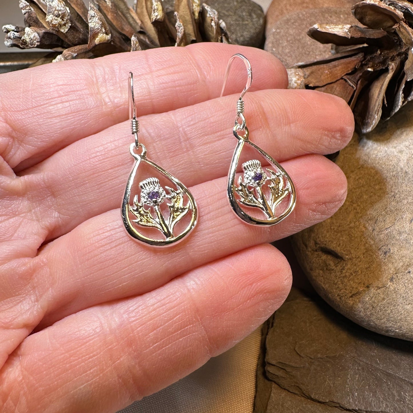Teardrop Scottish Thistle Amethyst Earrings - Perfect Gift — view 6
