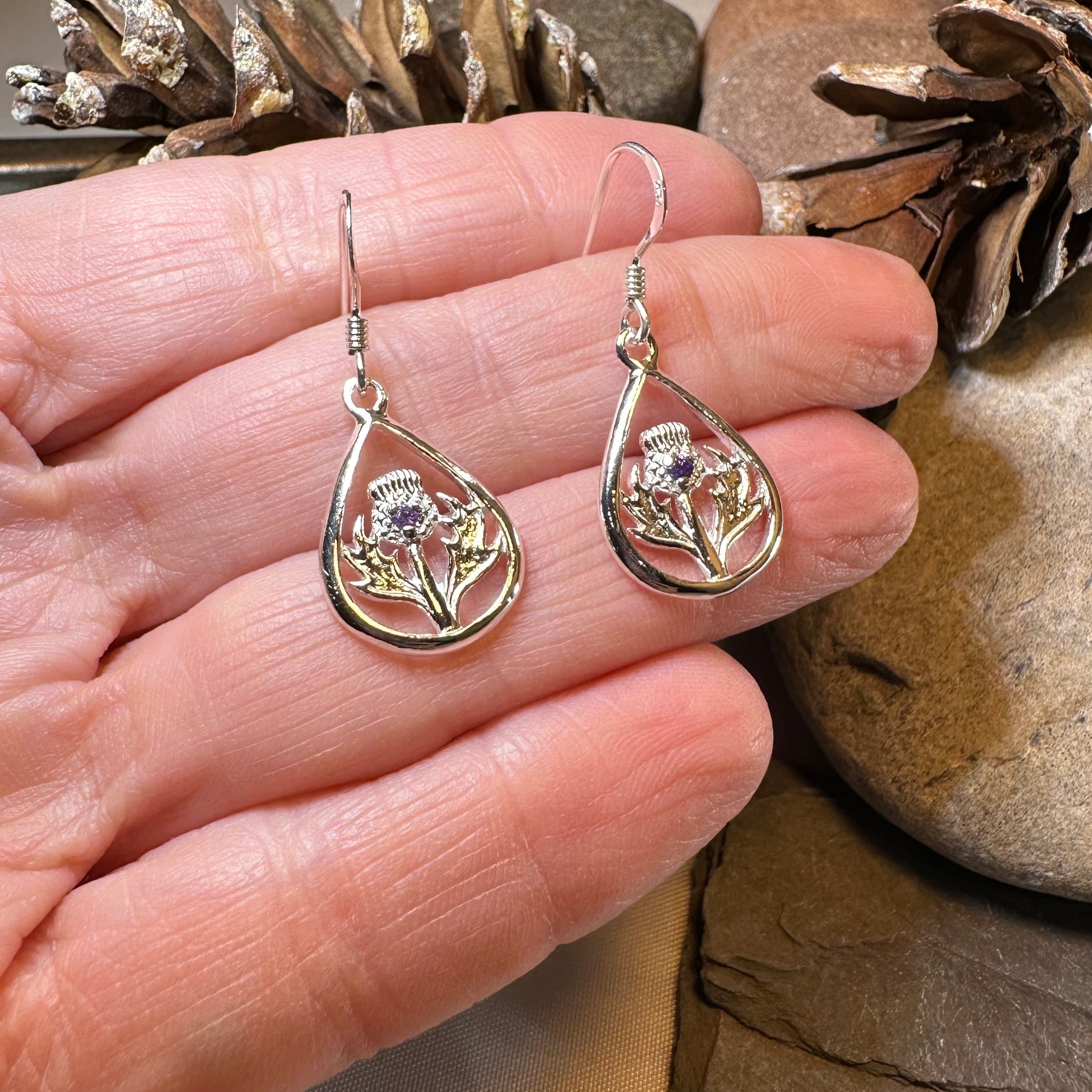 Teardrop Scottish Thistle Amethyst Earrings - Perfect Gift — view 6