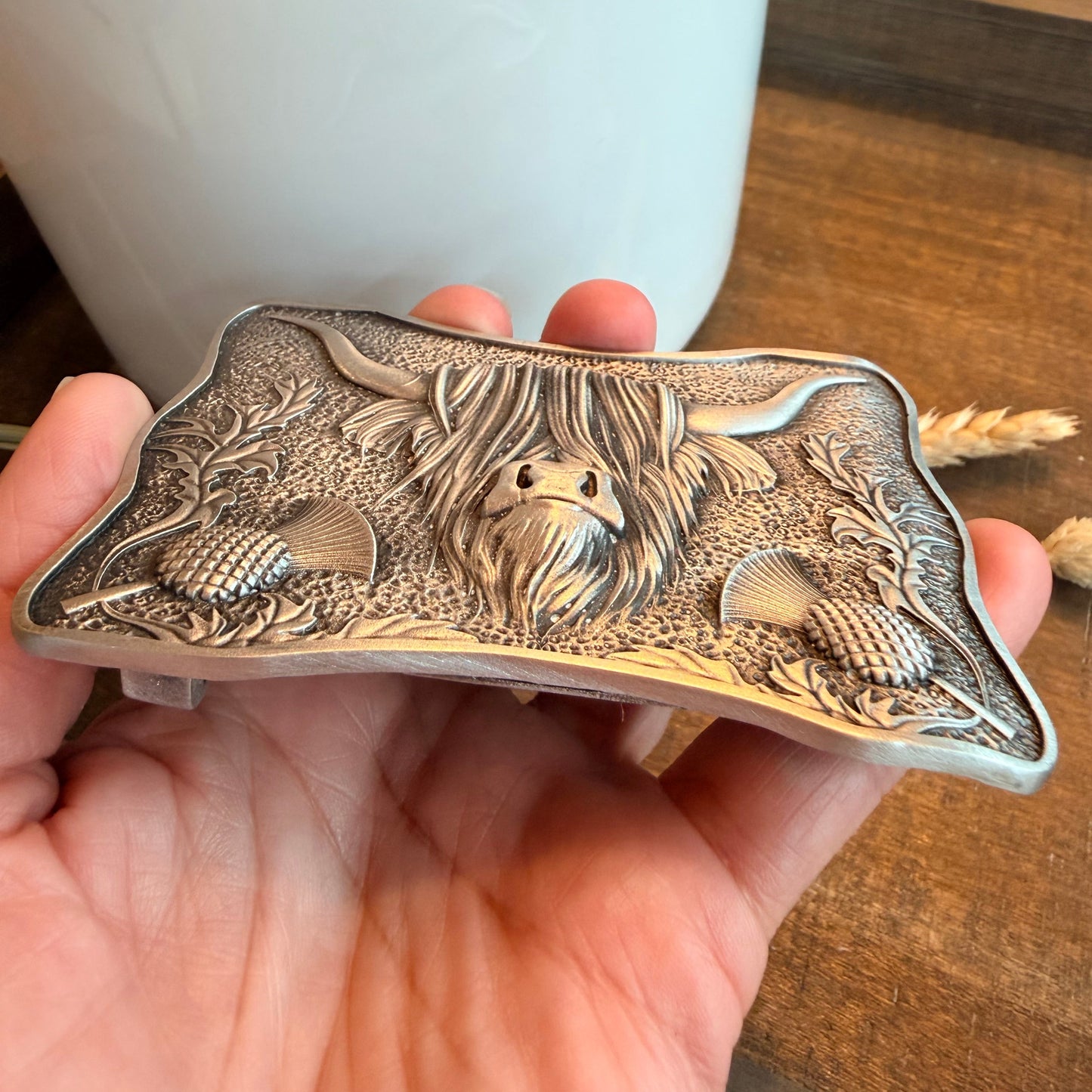 Thistle & Highland Cow Kilt Belt Buckle - Handmade in Scotland