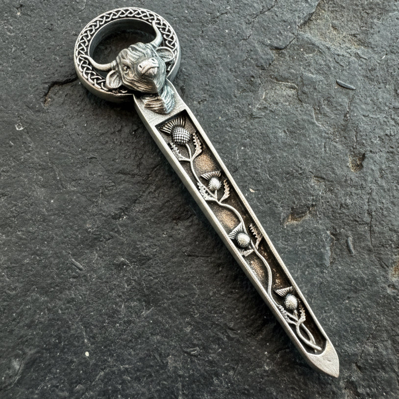 Celtic Highland Cow Thistle Kilt Pin - Handmade in Scotland