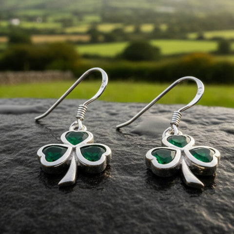 Load image into Gallery viewer, Sparkle Emerald Irish Shamrock Earrings in Sterling Silver
