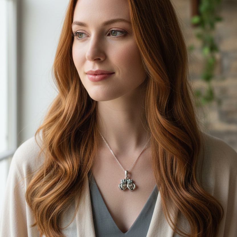 Croi Double Heart Irish Claddagh Necklace in Sterling Silver