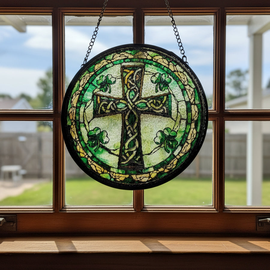 Shamrock Celtic Cross Stained Glass Gift