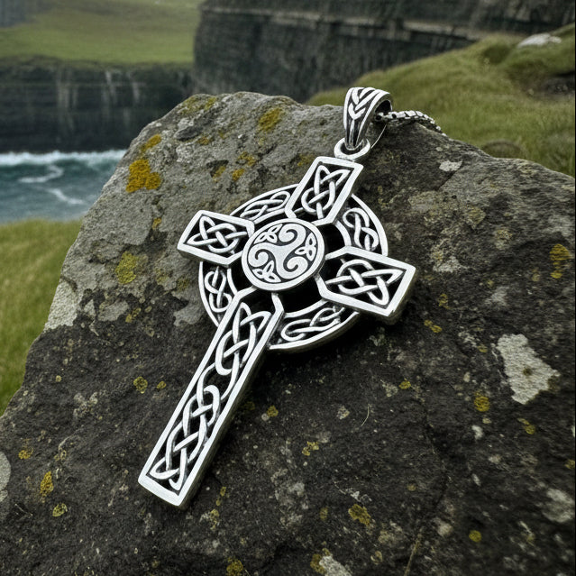 Aileran Triskele Celtic Cross Necklace in Sterling Silver