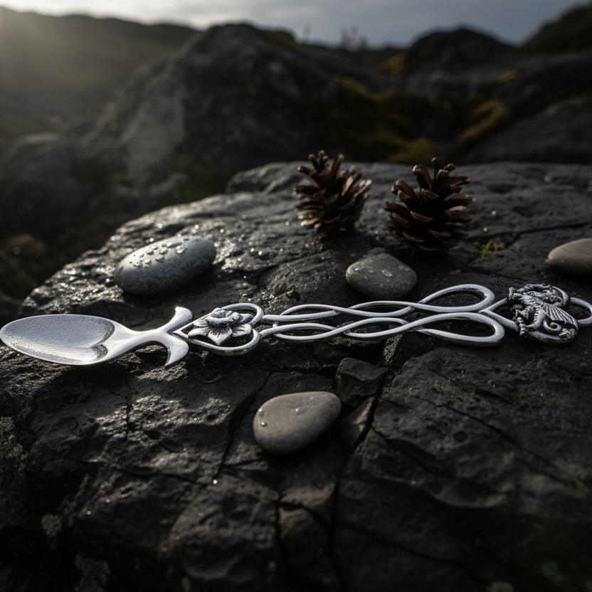 Large Traditional Welsh Daffodil & Dragon Love Spoon in Pewter