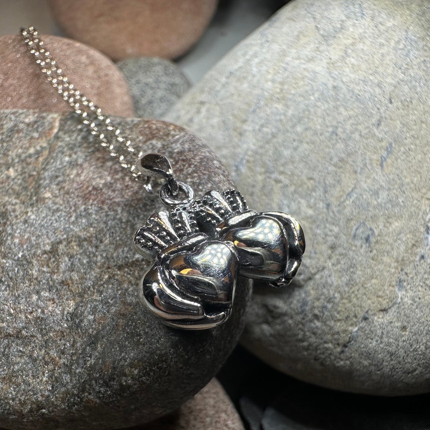 Croi Double Heart Irish Claddagh Necklace in Sterling Silver