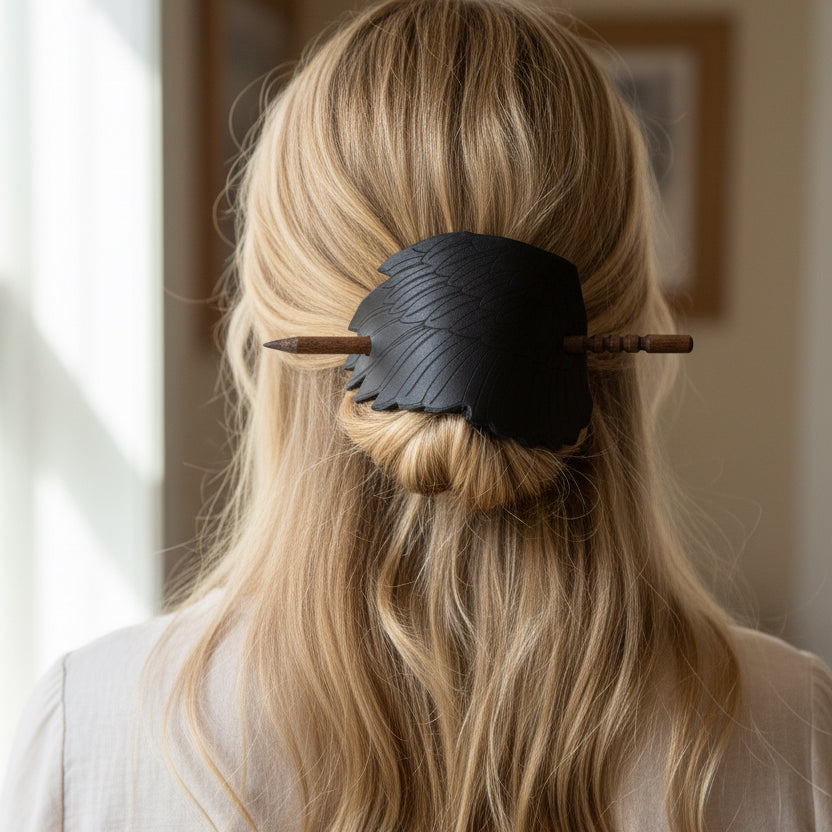 Black Raven Wing Leather Hair Slide for Women