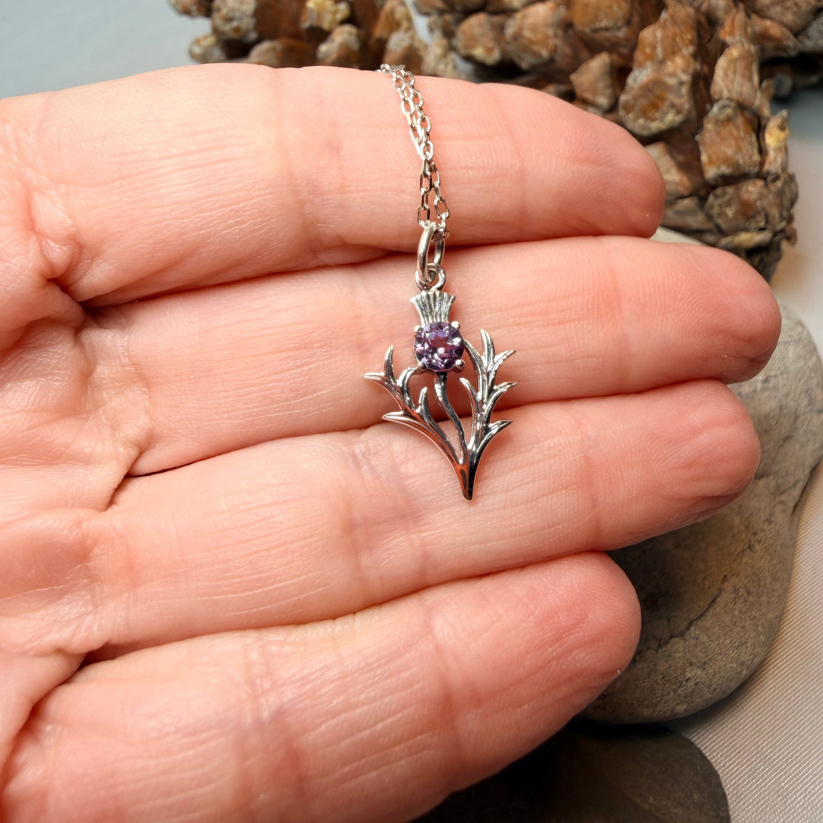 Petite Jacobite Scottish Thistle Amethyst Necklace in Sterling Silver