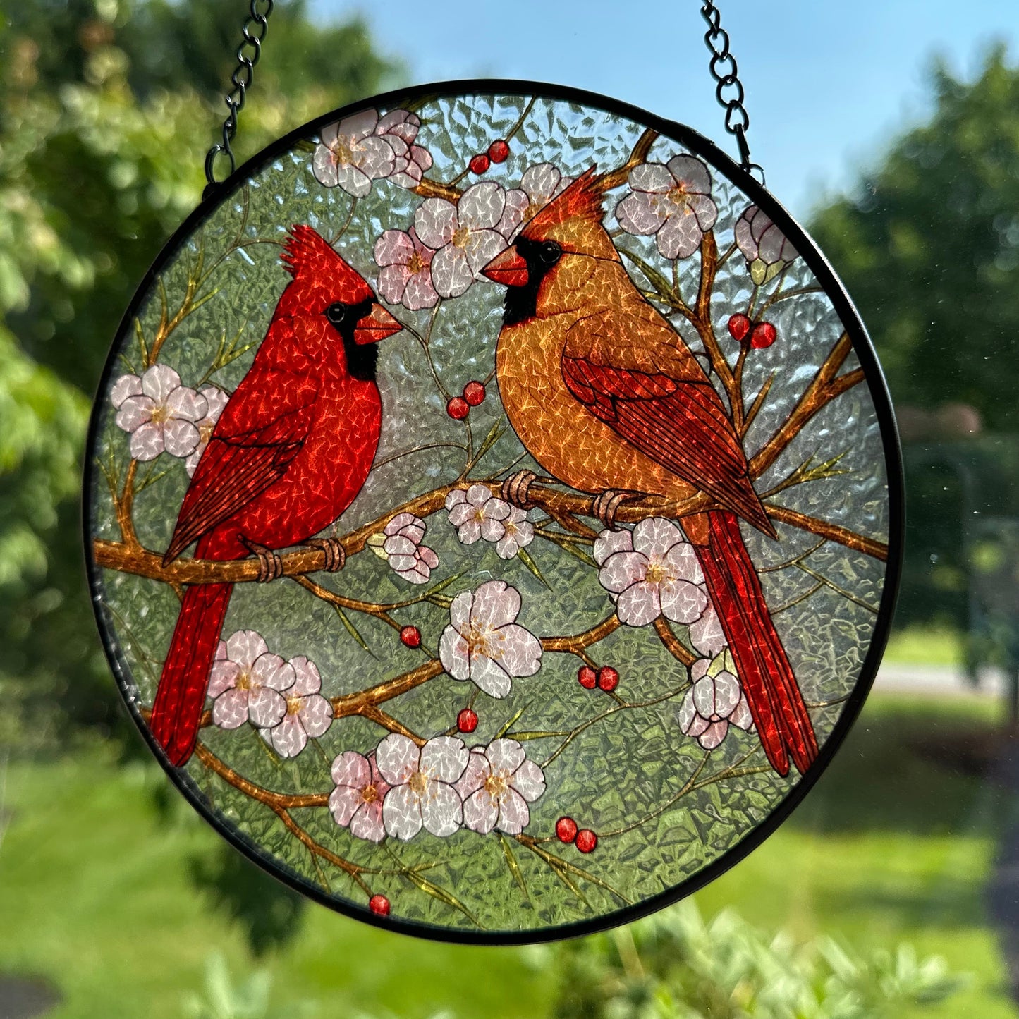 Cherry Blossom Cardinal Couple Suncatcher