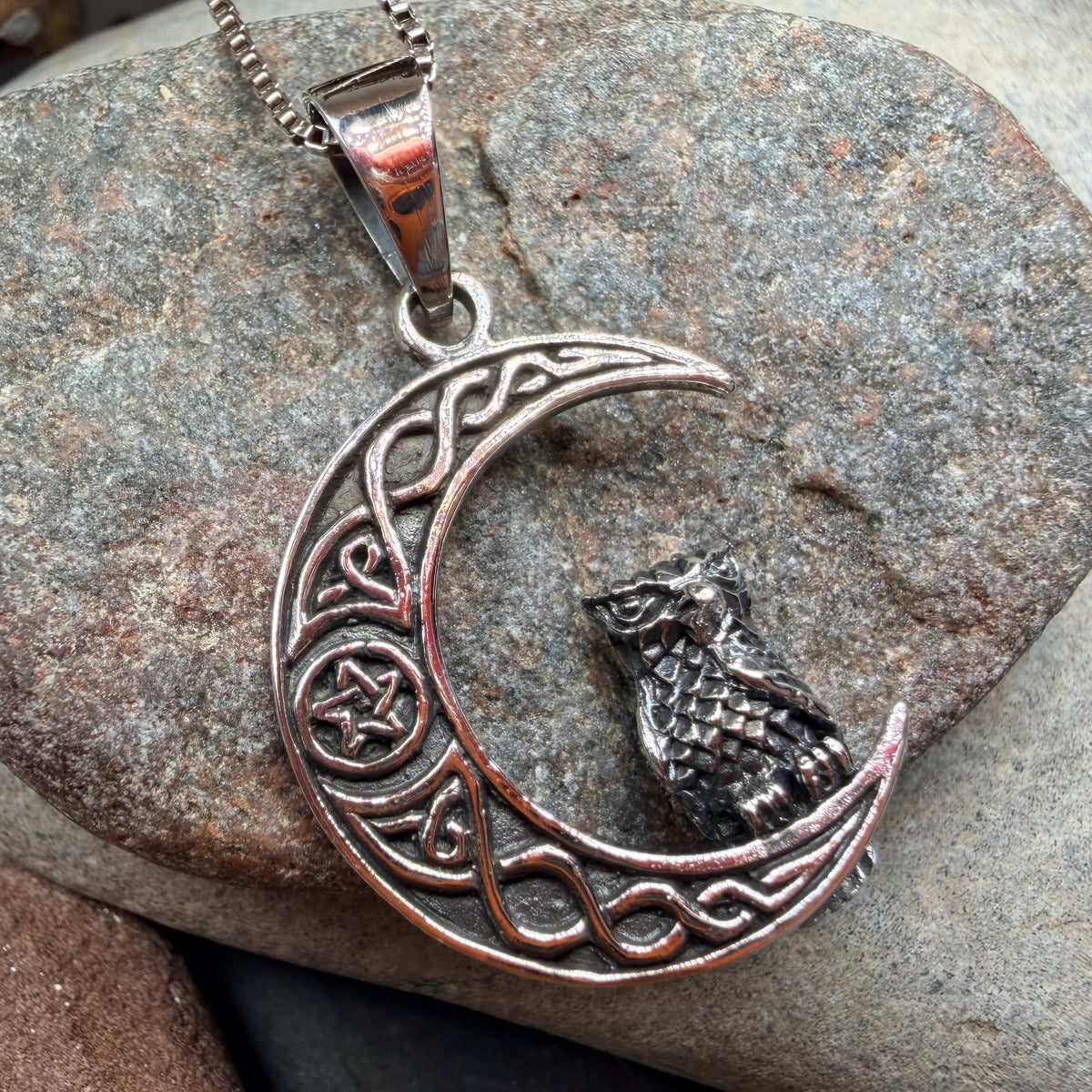 Eagna Mystical Owl Moon Necklace in Sterling Silver