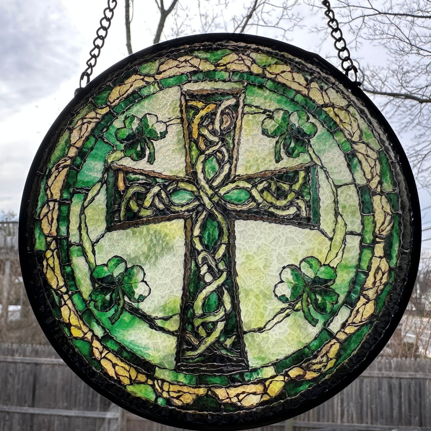 Irish Shamrock Celtic Cross Stained Glass Gift