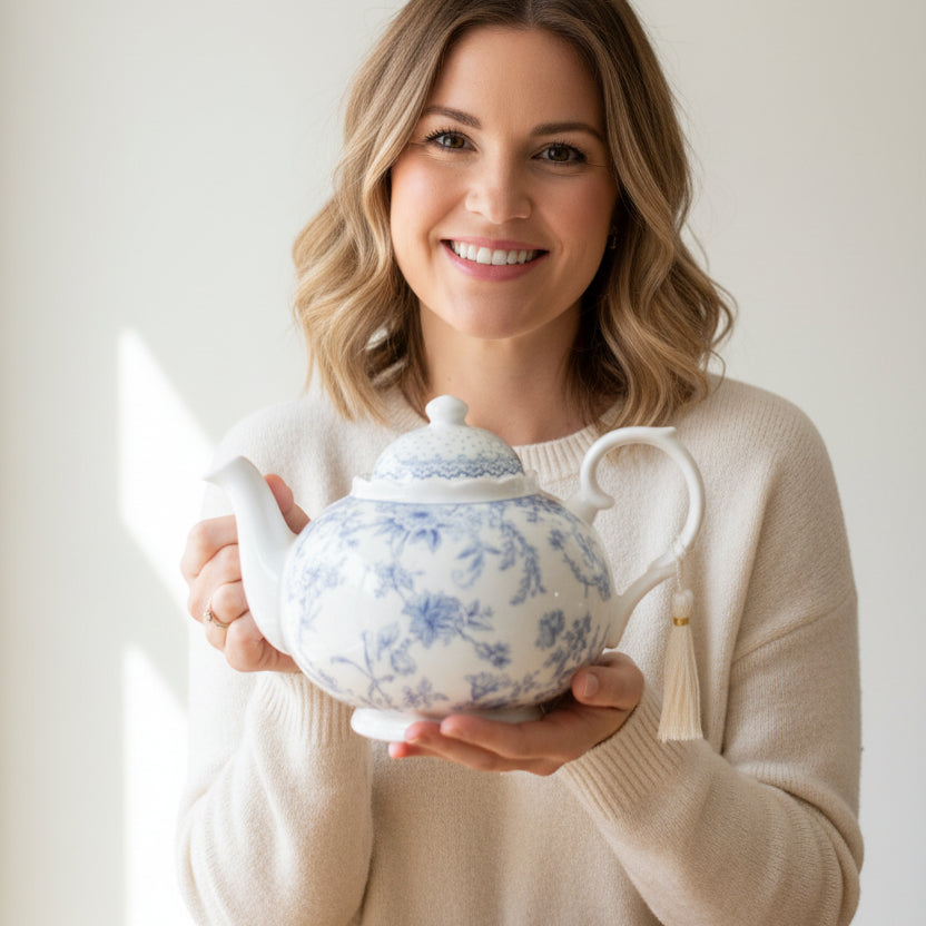 Vintage Style Blue Flowers Fine China Teapot