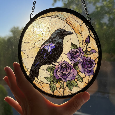 Load image into Gallery viewer, Purple Roses Moon Raven Suncatcher
