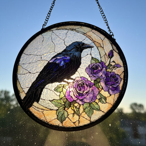 Load image into Gallery viewer, Purple Roses Moon Raven Suncatcher
